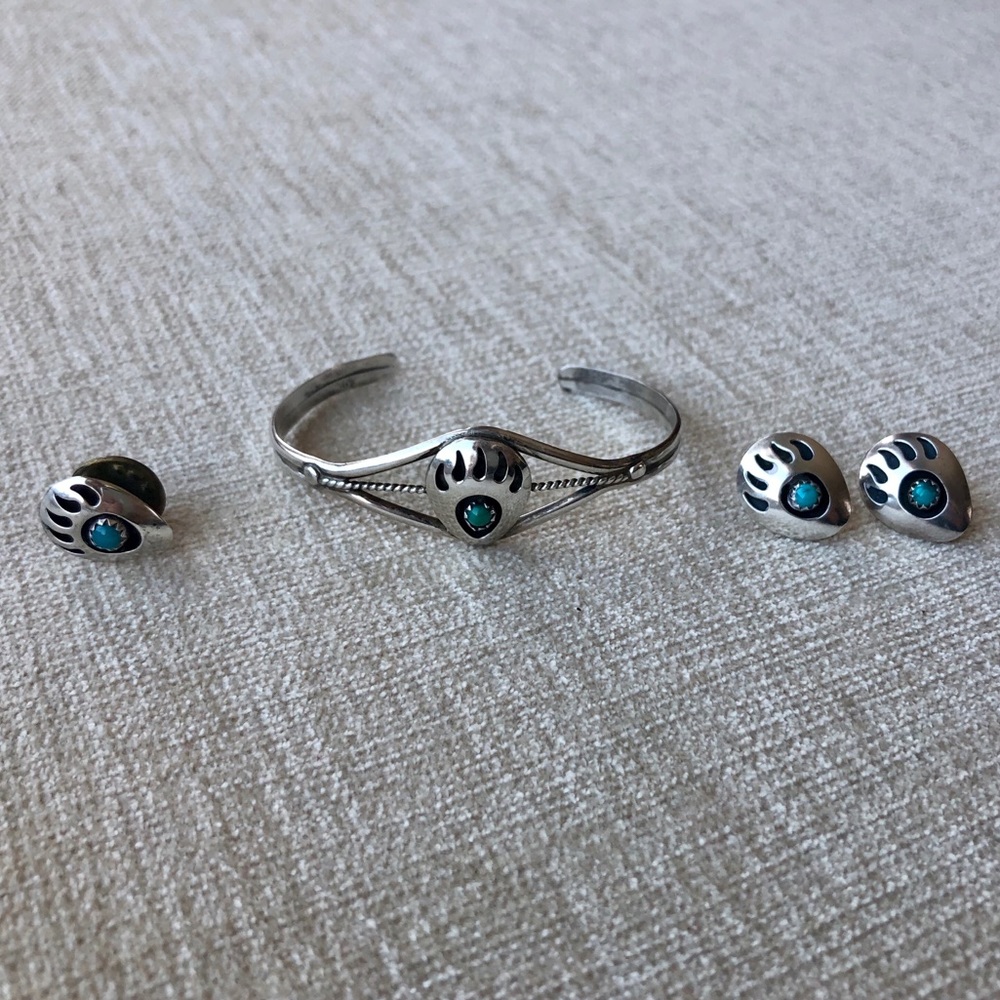 Silver & turquoise bear paw bracelet, earring, pin